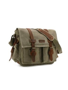 Kattee camera Canvas Messenger Bag dark dusty gray Brown Leather Trim
